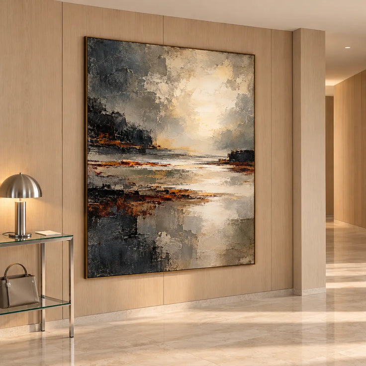 Charcoal and Cream Hand-Painted Oil Painting, Abstract Luminous Shore #AMXNLXWV