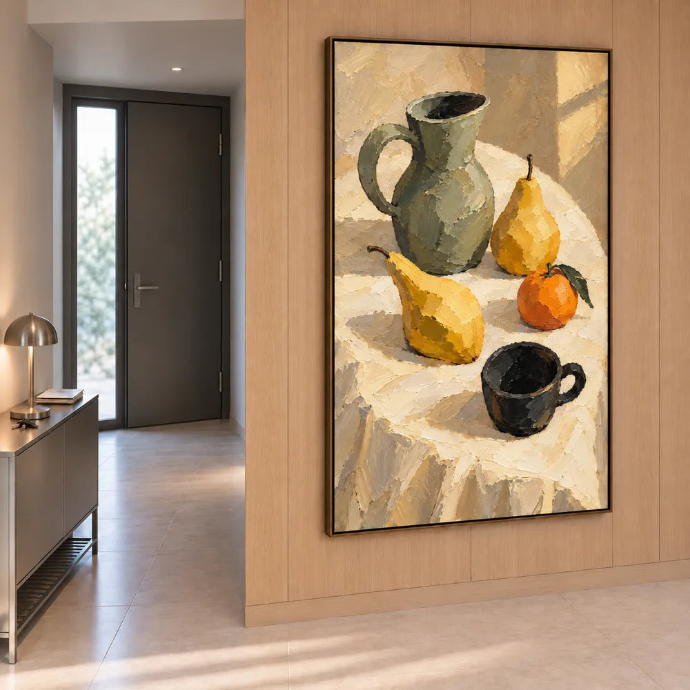 Yellow Hand-Painted Oil Painting, Pears and a Green Pitcher in Sunlight #D50B9HBJ