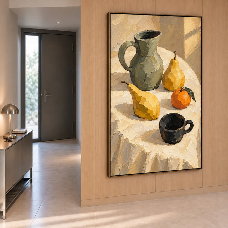 Yellow Hand-Painted Oil Painting, Pears and a Green Pitcher in Sunlight #D50B9HBJ