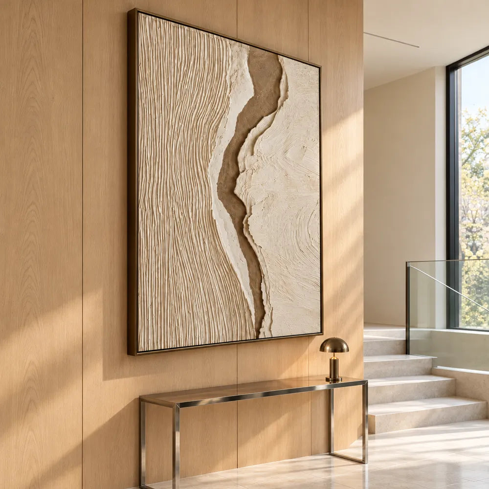 Cream Taupe Hand-Painted 3D Textured Oil Painting, Central Ravine Wall Art #8OE57EYP