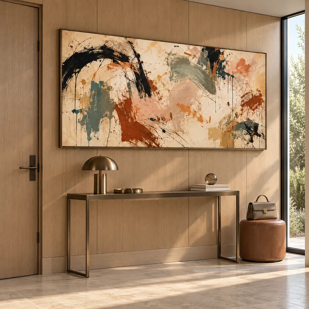 Beige Hand-Painted Oil Painting, Black Arcs and Sage Abstract #HRPVAO7I