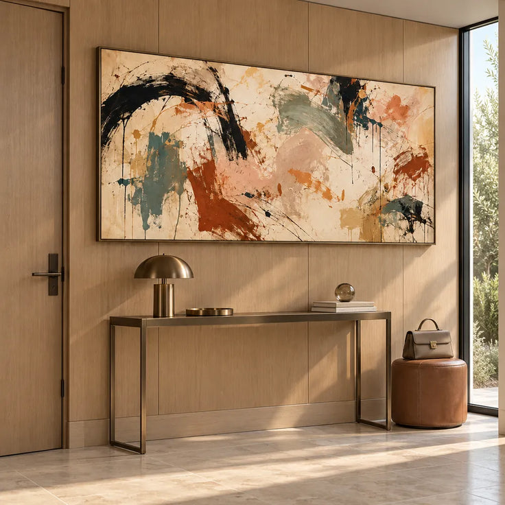 Beige Hand-Painted Oil Painting, Black Arcs and Sage Abstract #HRPVAO7I