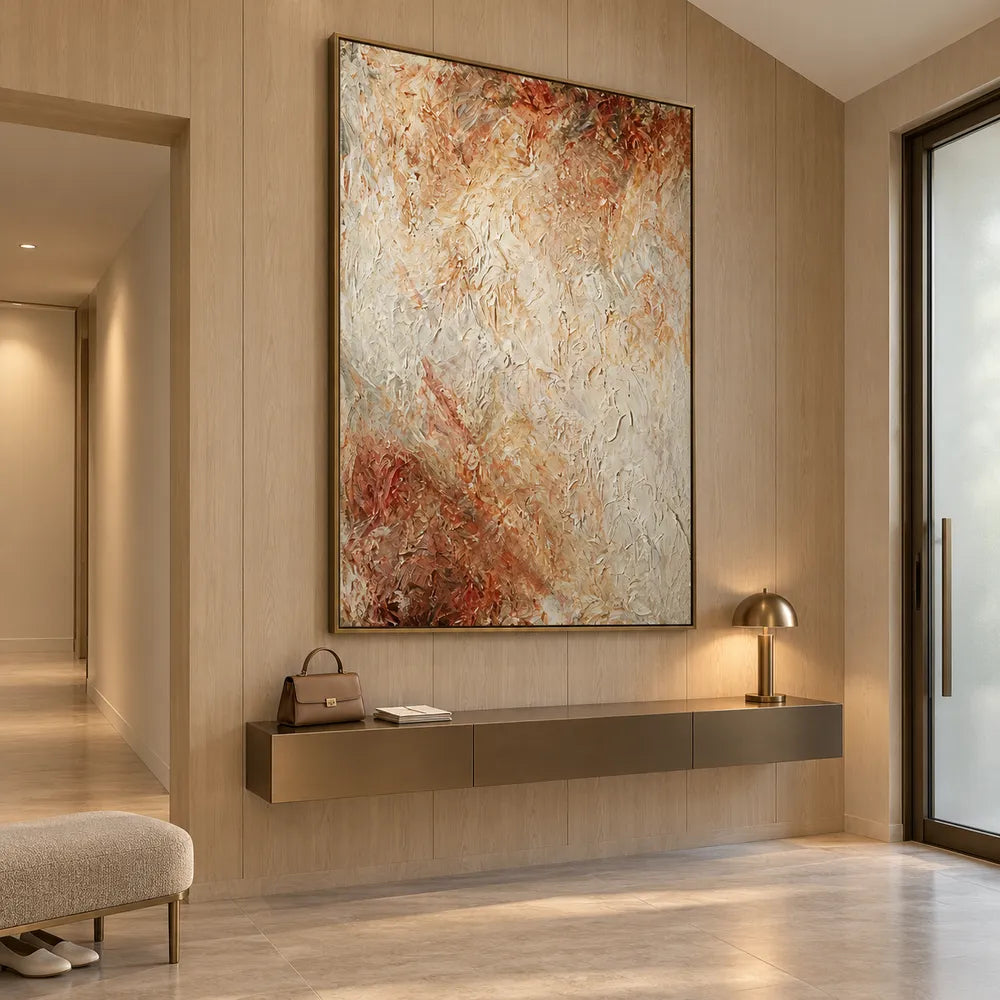 Cream and Warm Brown Hand-Painted Oil Painting, Soft Organic Abstract #97YZ35BG