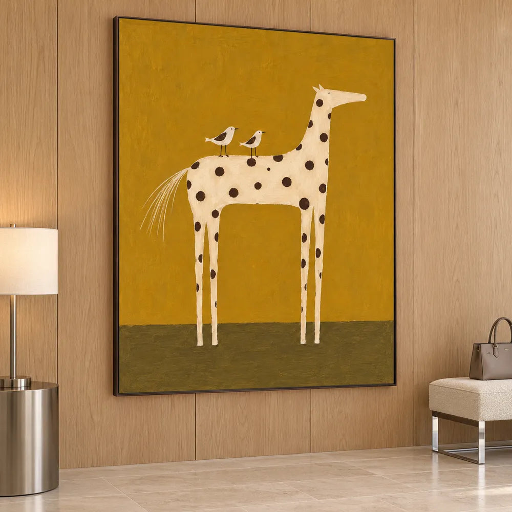 Mustard Yellow Hand-Painted Oil Painting, Spotted Horse with Two Birds #8COVKX2O