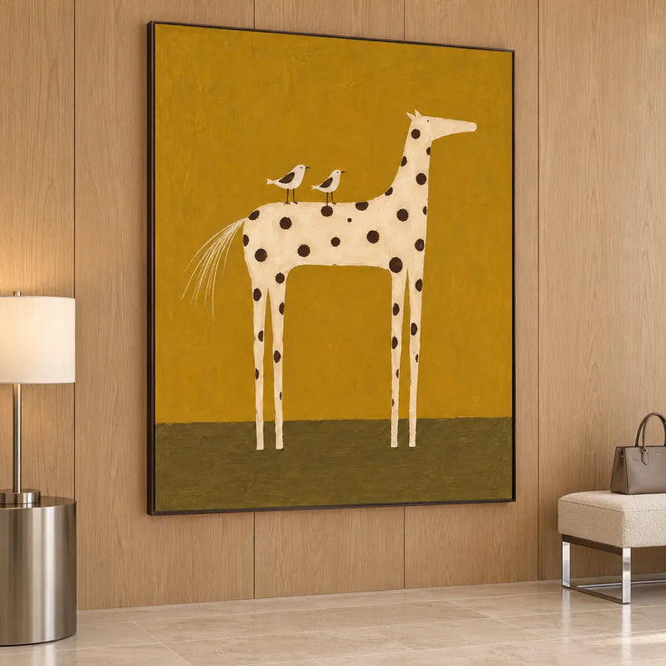 Mustard Yellow Hand-Painted Oil Painting, Spotted Horse with Two Birds #8COVKX2O