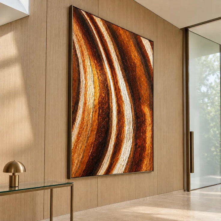 Amber Brown Hand-Painted 3D Textured Oil Painting, Flowing Streaks Wall Art #77Z7AGGF