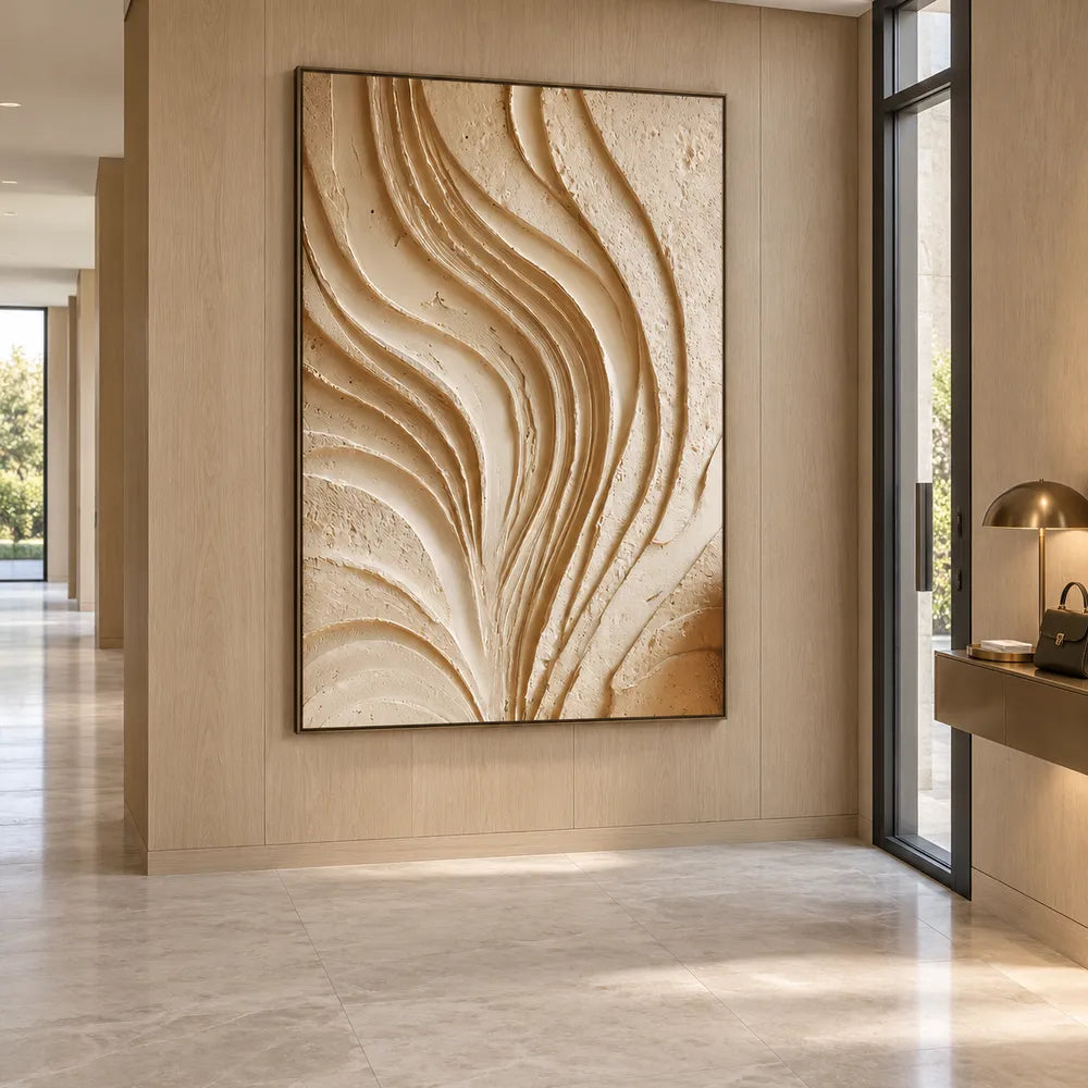 Cream Hand-Painted 3D Textured Oil Painting, Flowing Ribbon Abstract #3SILN1UH