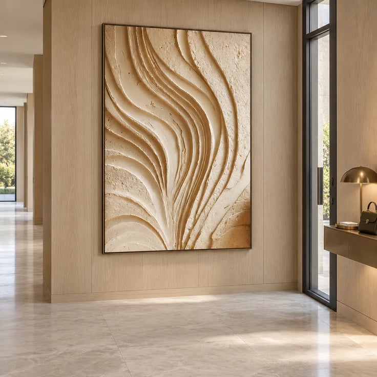 Cream Hand-Painted 3D Textured Oil Painting, Flowing Ribbon Abstract #3SILN1UH