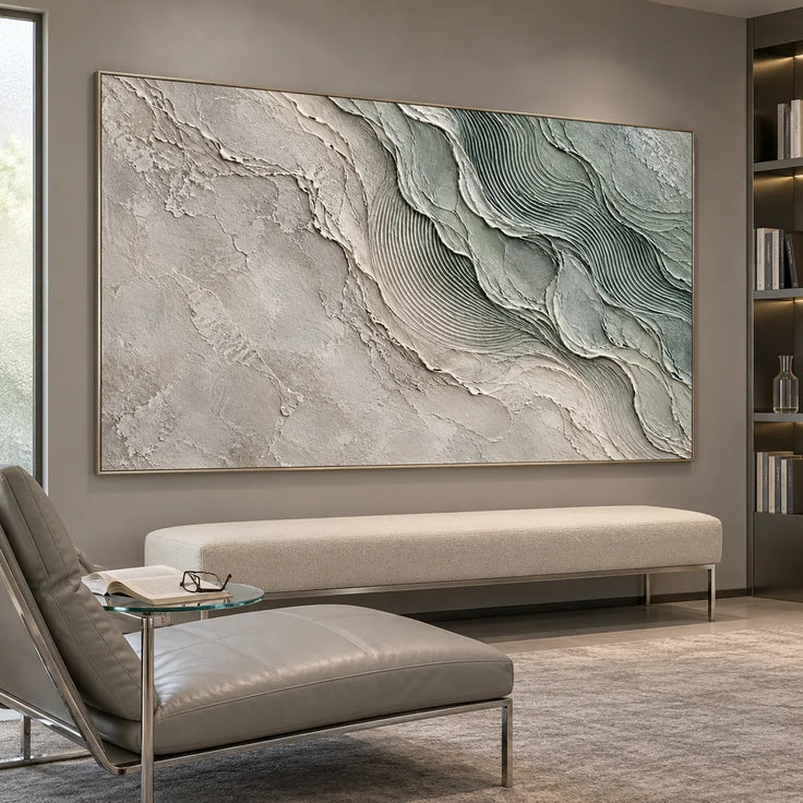 Sage and White Hand-Painted Oil Painting, Flowing Fine-Line Contours #HX2DO6GI