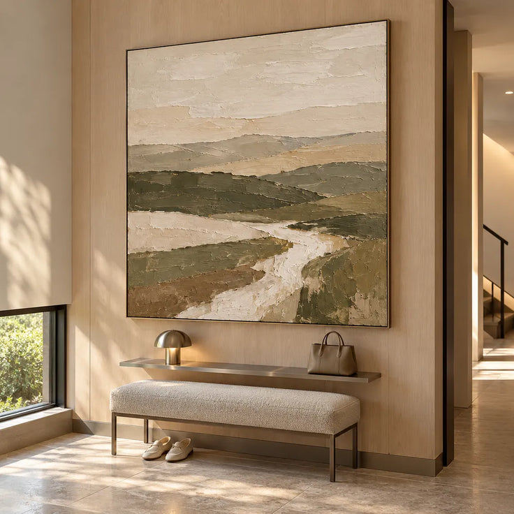Earth-Tone Hand-Painted Oil Painting, Winding Path Through Layered Hills #6Y6LMHCQ