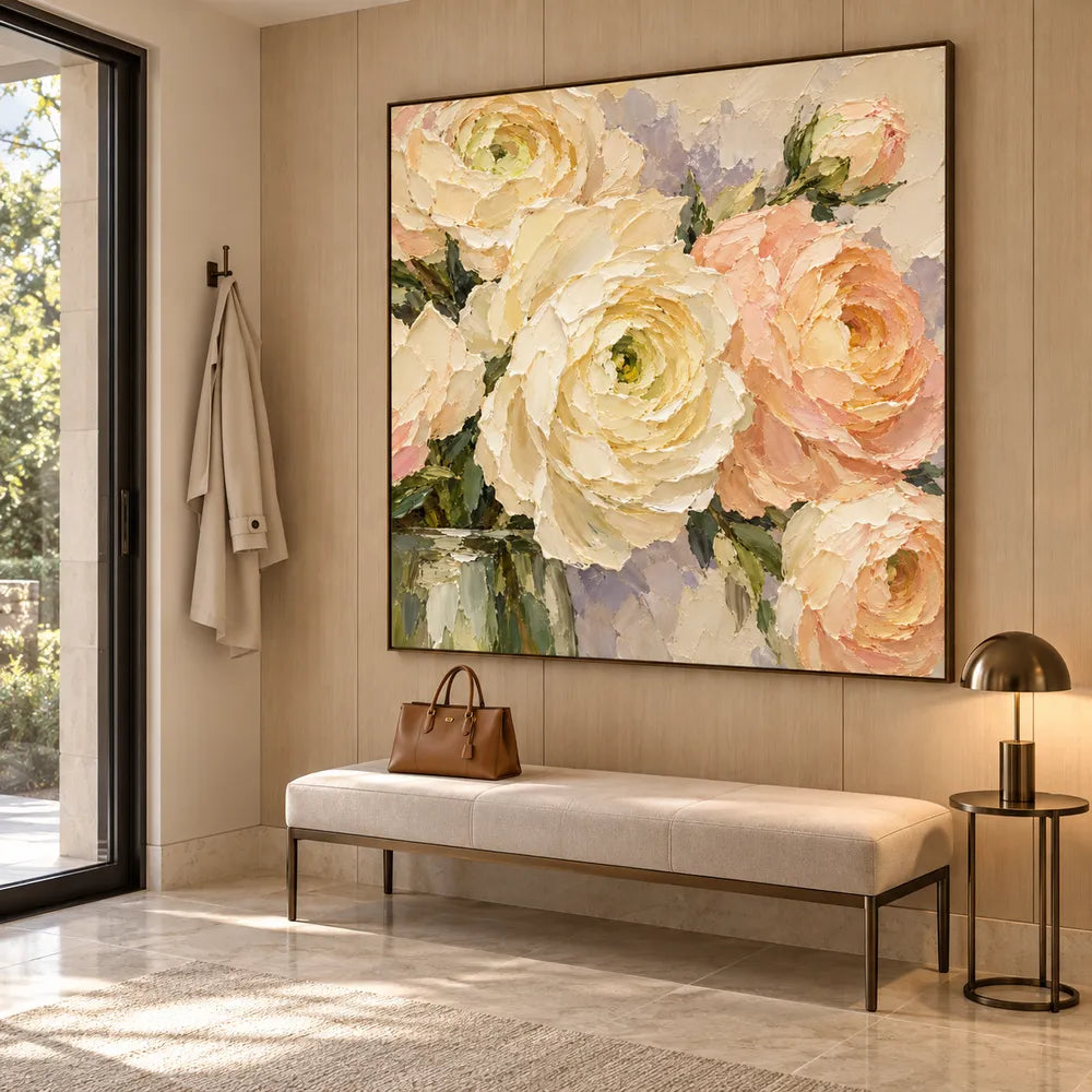 Cream Hand-Painted Oil Painting, Close-Up Peach and Ivory Flowers #22T3QUTE