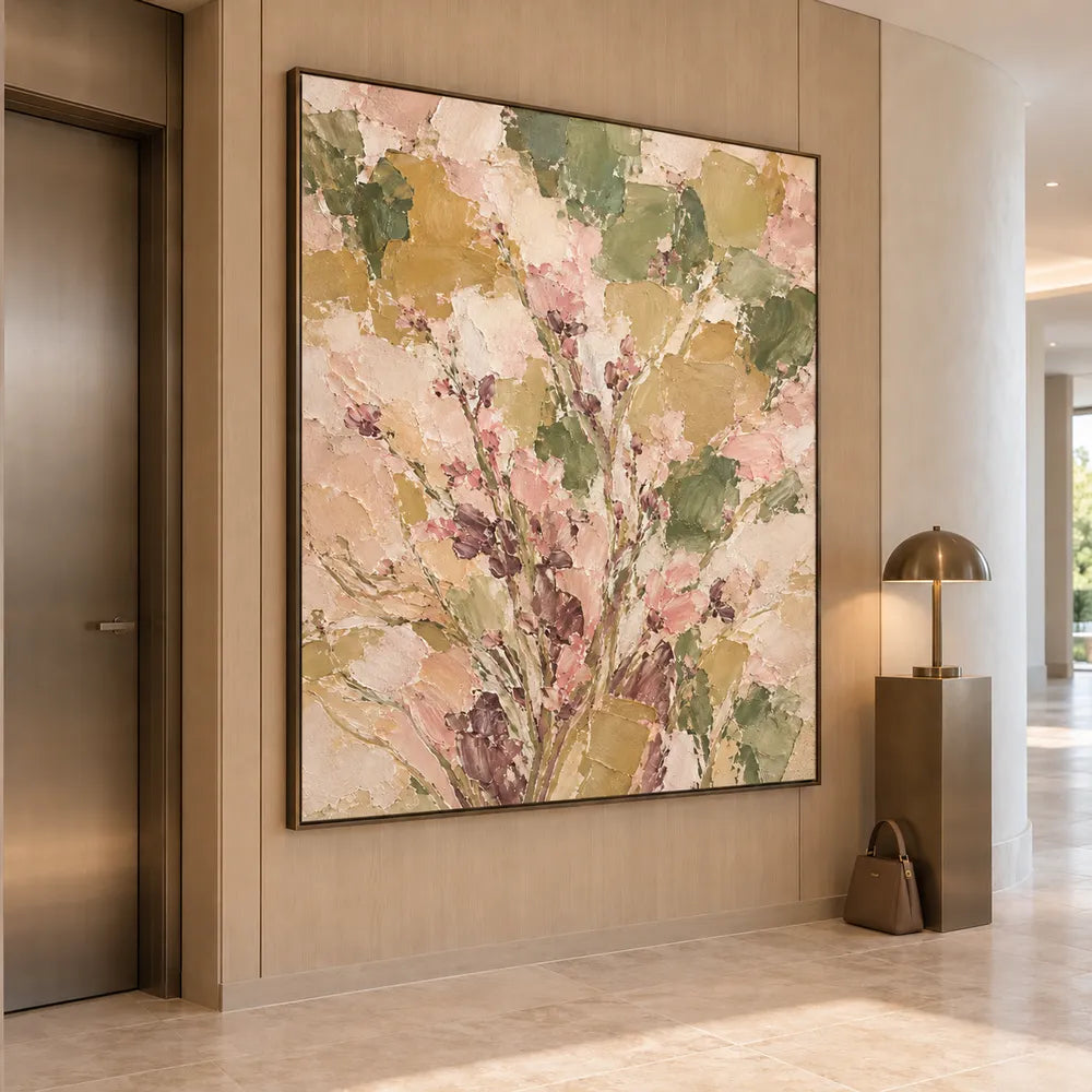 Sage and Blush Hand-Painted Oil Painting, Rising Floral Sprigs #FRM3RQIN