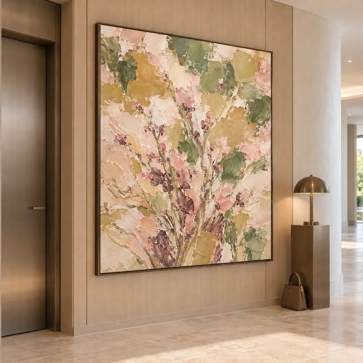 Sage and Blush Hand-Painted Oil Painting, Rising Floral Sprigs #FRM3RQIN