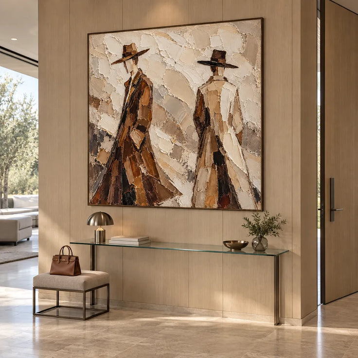 Earth-Tone Hand-Painted Oil Painting, Two Figures in Wide-Brim Hats #AROVDTOR