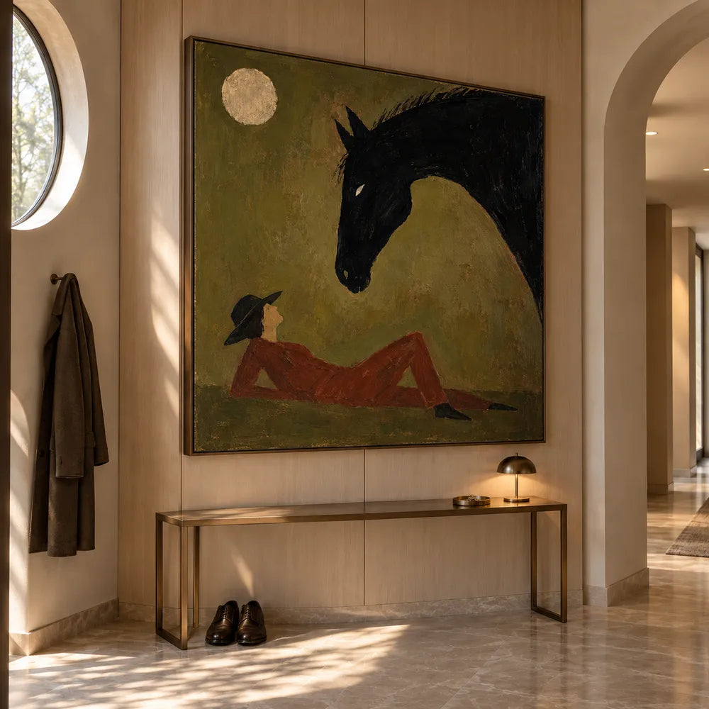 Olive Brown Hand-Painted Oil Painting, Black Horse and Reclining Figure #9MFNIU84