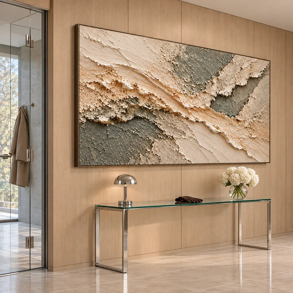 Cream and Sage Gray Hand-Painted 3D Textured Oil Painting, Diagonal Relief Bands #6ICH5UVP