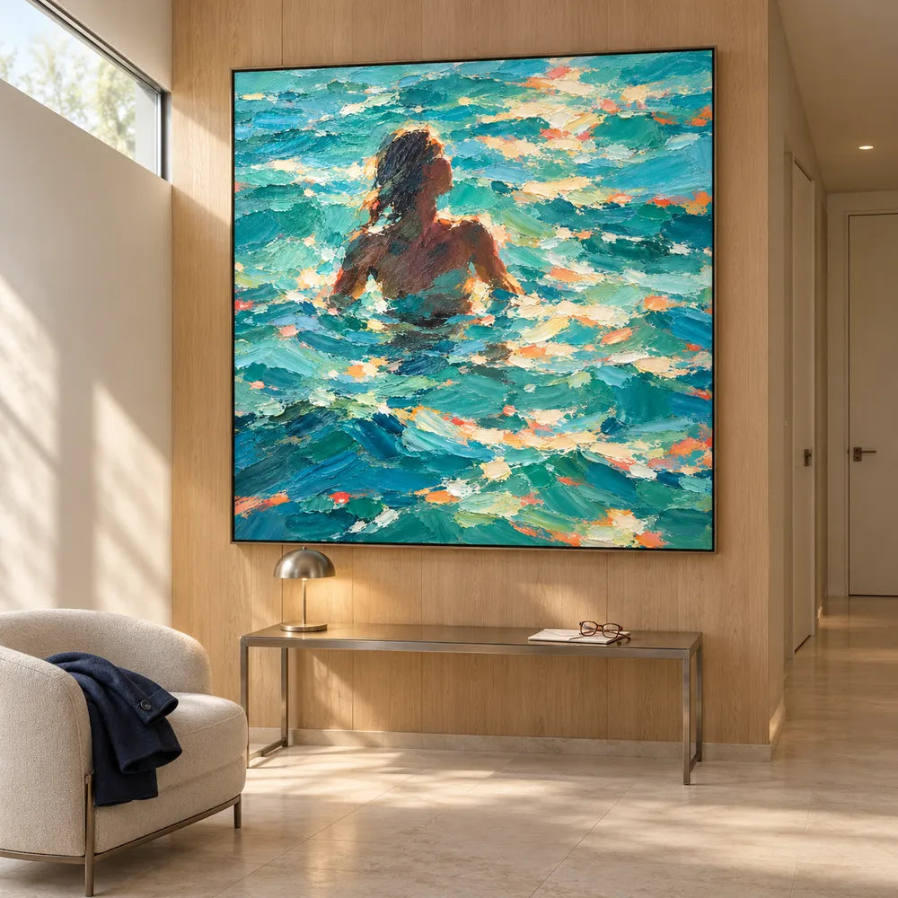Blue Hand-Painted Oil Painting, Woman Among Sunlit Waves #ZO0LS4XT