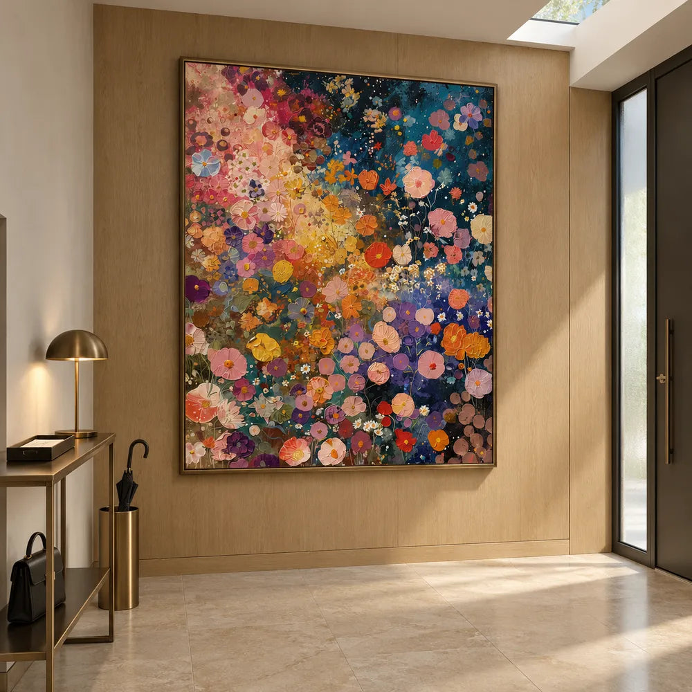 Deep Blue and Pink Hand-Painted Oil Painting, Colorful Flower Meadow #PG0DH31L