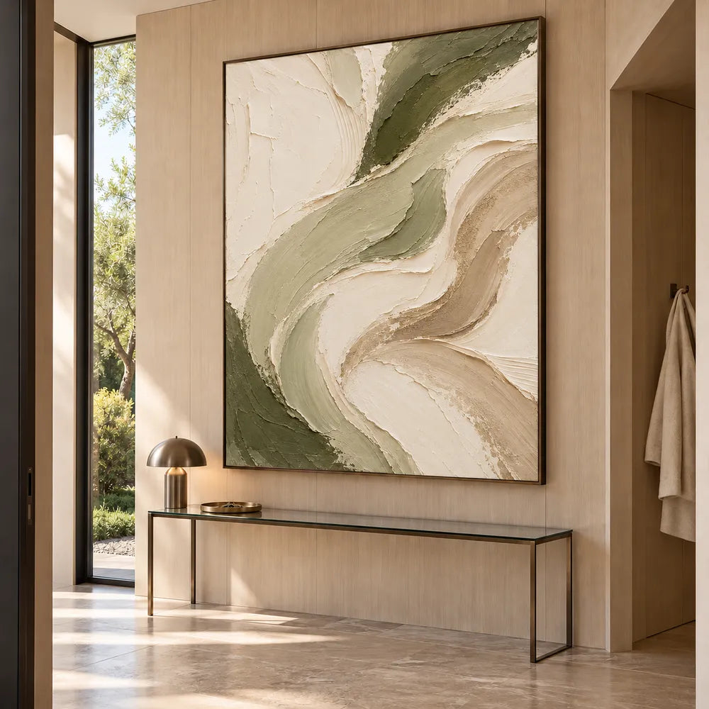 Cream and Sage Hand-Painted Oil Painting, Flowing Abstract Ribbons #4Y2HPFDD