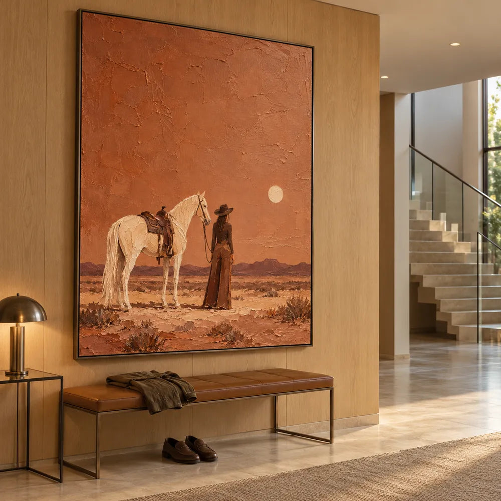 Rust Orange Hand-Painted Oil Painting, Cowgirl and White Horse in the Desert #209BR44A