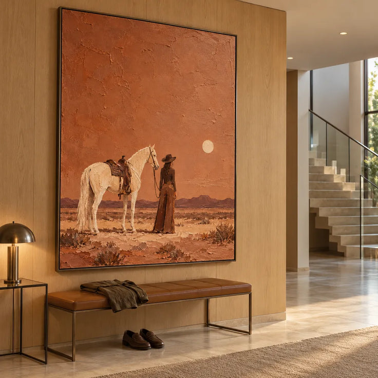 Rust Orange Hand-Painted Oil Painting, Cowgirl and White Horse in the Desert #209BR44A