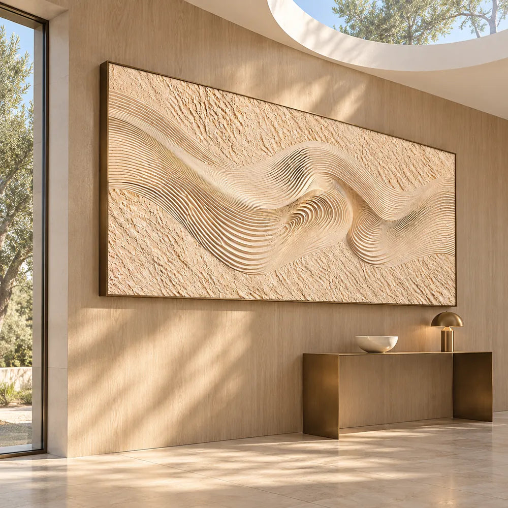 Sand Cream Hand-Painted 3D Textured Oil Painting, Ribbon Wave Wall Art #UOHF8DXB