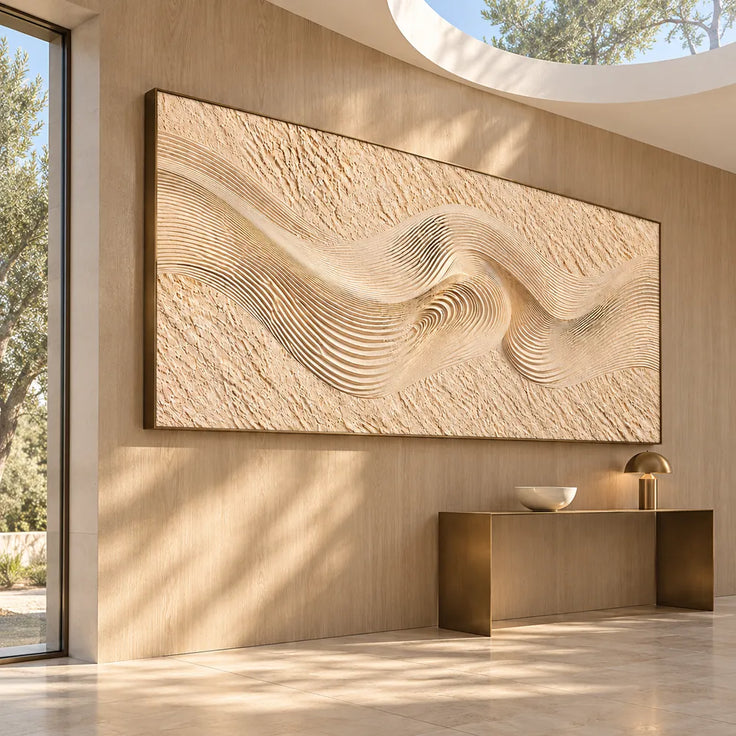 Sand Cream Hand-Painted 3D Textured Oil Painting, Ribbon Wave Wall Art #UOHF8DXB