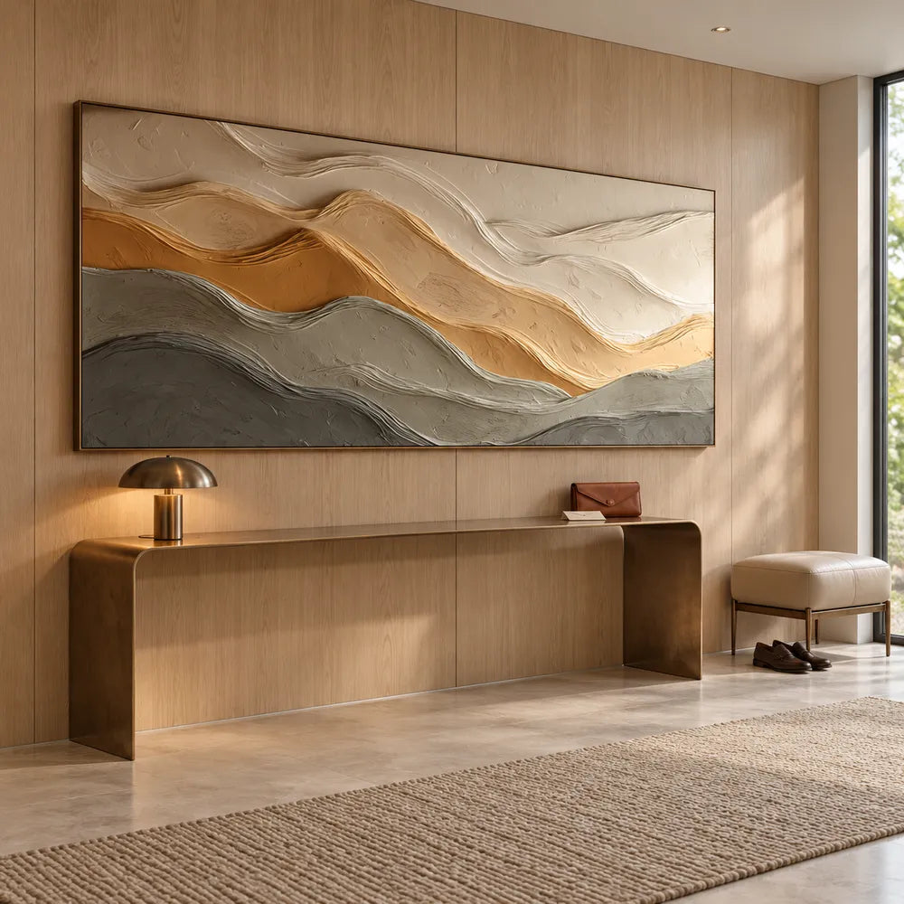 Sand & Taupe Hand-Painted 3D Textured Oil Painting, Layered Wave Abstract Wall Art #J66DZD8R