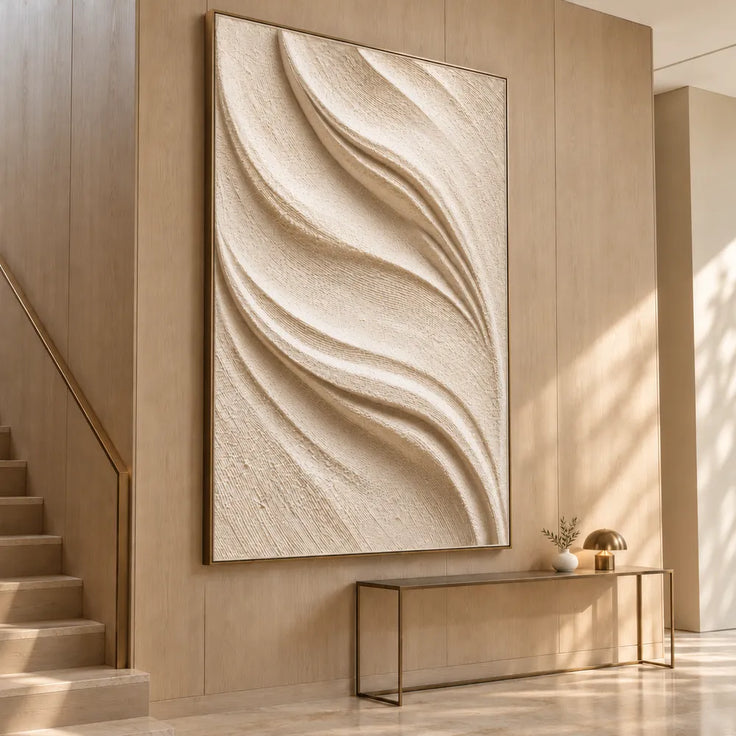 Ivory Hand-Painted 3D Textured Oil Painting, Sweeping Folds Wall Art #VZQ7TCW3