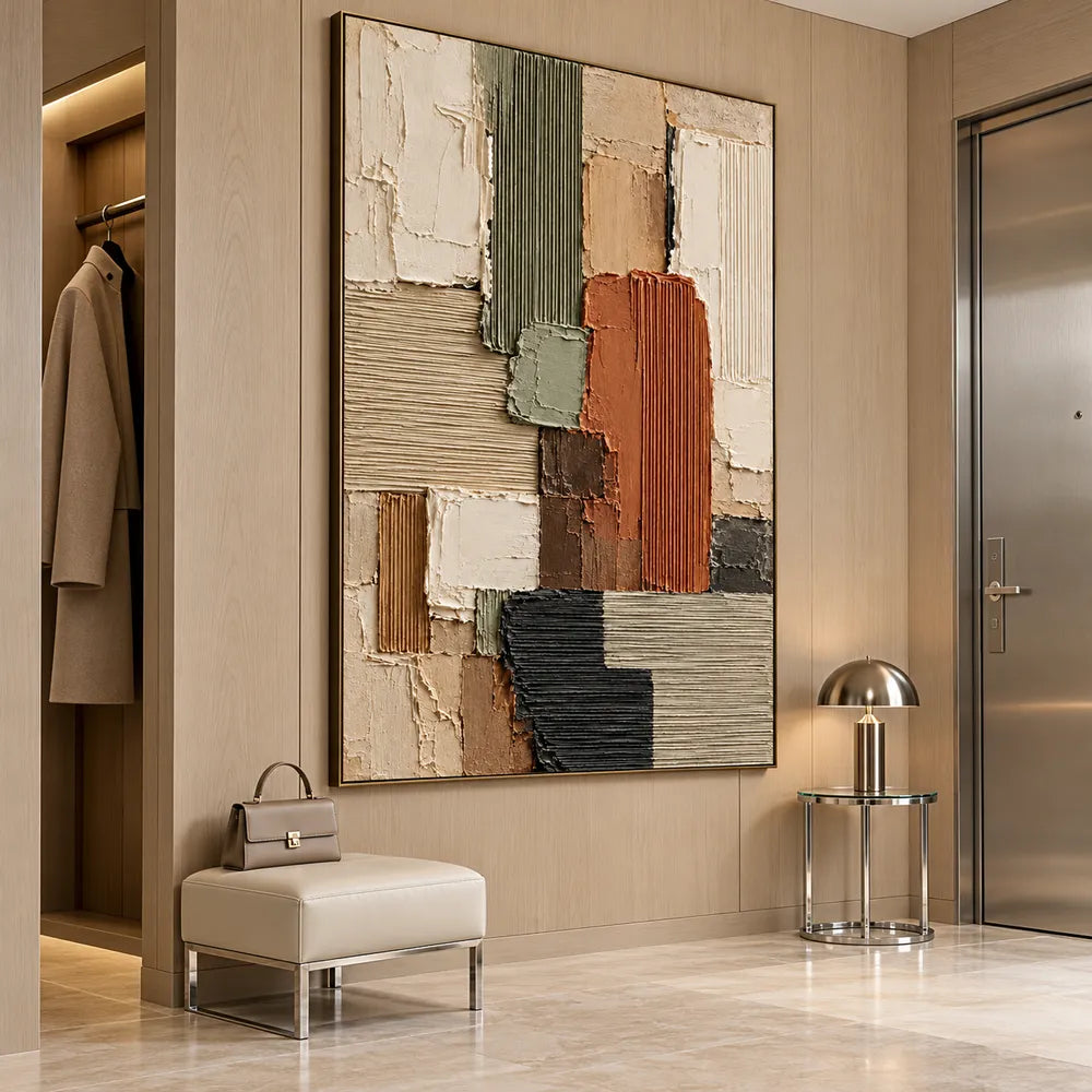 Earth Tone Hand-Painted 3D Textured Oil Painting, Ribbed Geometric Blocks #TDILGEWQ