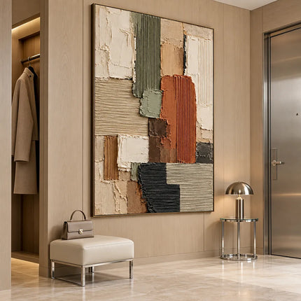 Earth Tone Hand-Painted 3D Textured Oil Painting, Ribbed Geometric Blocks #TDILGEWQ