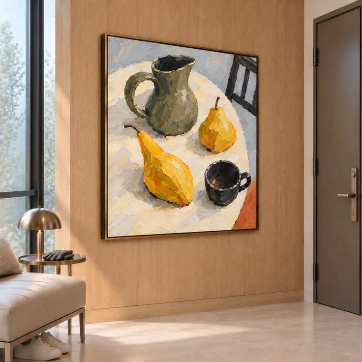 Yellow Hand-Painted Oil Painting, Two Pears with a Green Pitcher #O1ILENI2