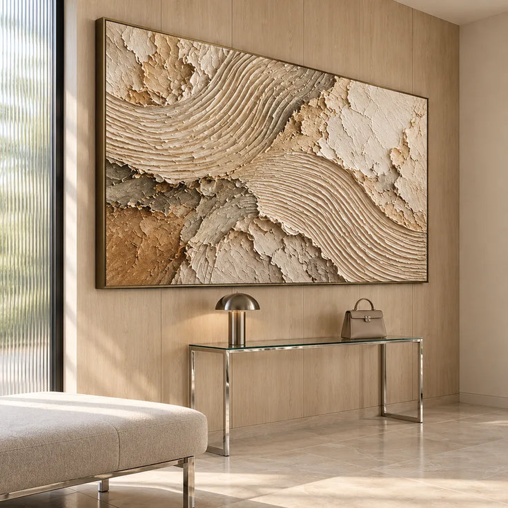 Cream and Taupe Hand-Painted 3D Textured Oil Painting, Flowing Ribbed Arcs #7BXB8EQJ