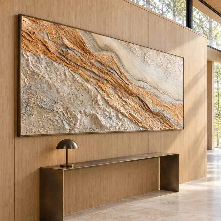 Cream Ochre Hand-Painted 3D Textured Oil Painting, Diagonal Ridge Wall Art #C36FRQTN