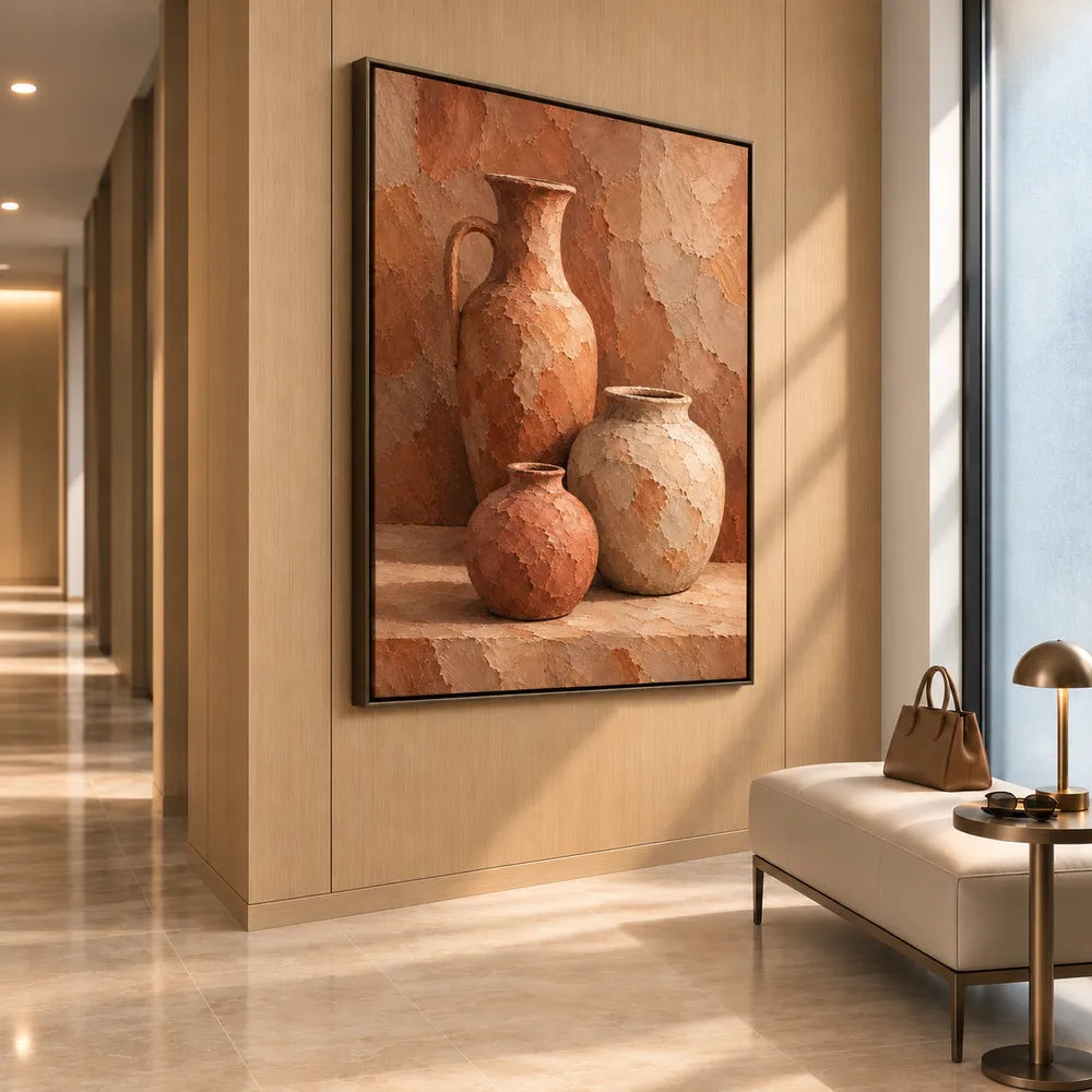 Terracotta Hand-Painted Oil Painting, Three Vessels on a Warm Ledge #ON3VRP1O