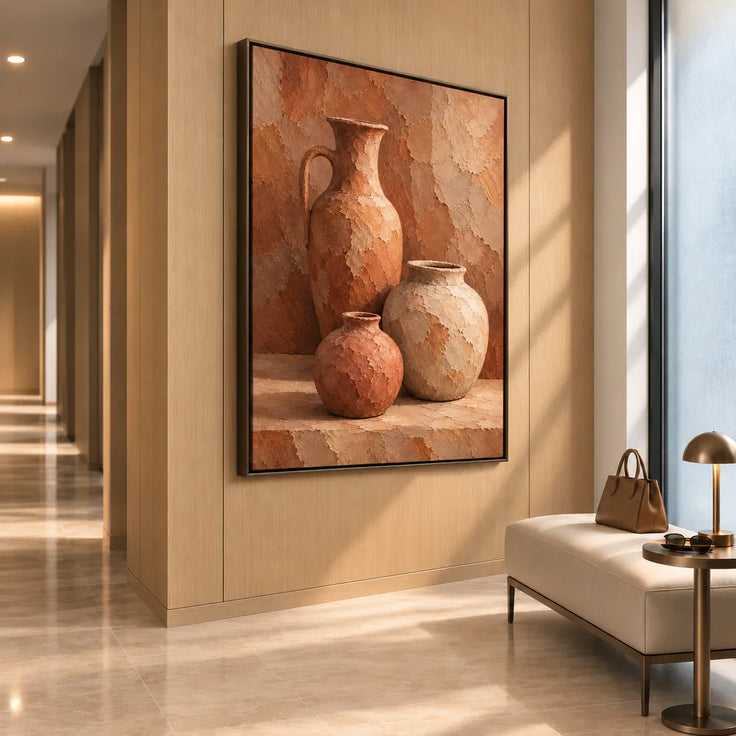 Terracotta Hand-Painted Oil Painting, Three Vessels on a Warm Ledge #ON3VRP1O