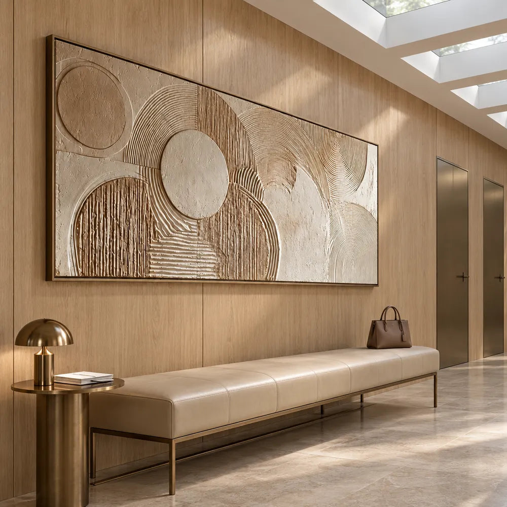 Beige Hand-Painted 3D Textured Oil Painting, Overlapping Circle Abstract #KM0VJQUO