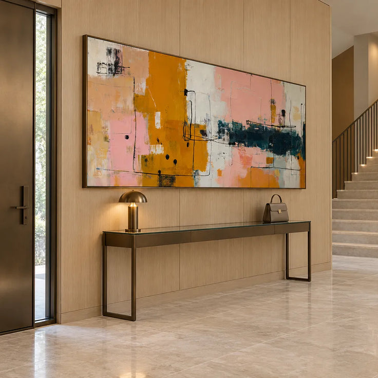 Ochre and Blush Hand-Painted Oil Painting, Linear Color Block Abstract #XNGHPZZP