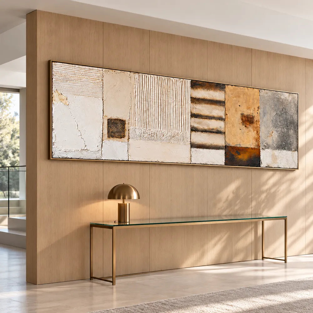 Cream Ochre Hand-Painted 3D Textured Oil Painting, Linear Blocks Wall Art #B57XEPUQ