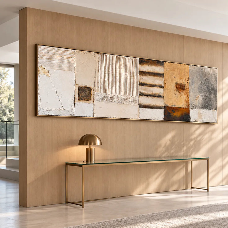Cream Ochre Hand-Painted 3D Textured Oil Painting, Linear Blocks Wall Art #B57XEPUQ
