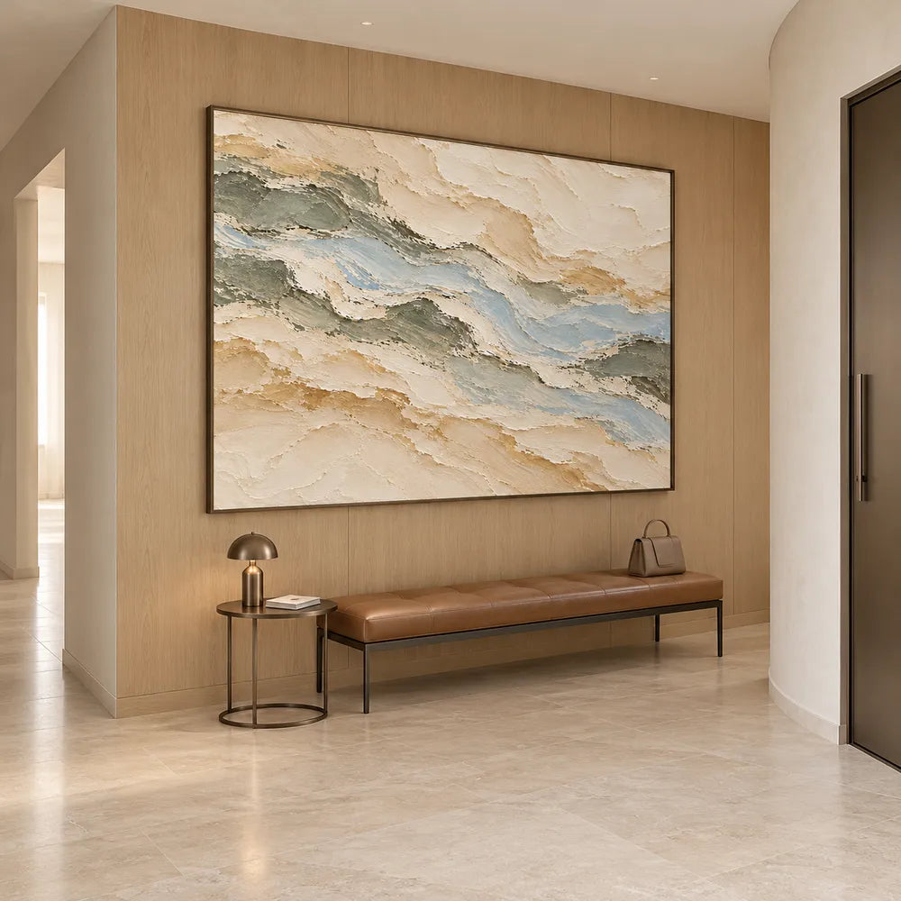 Beige Hand-Painted Oil Painting, Pale Layered Abstract with Blue Gray #3M9L7HZQ