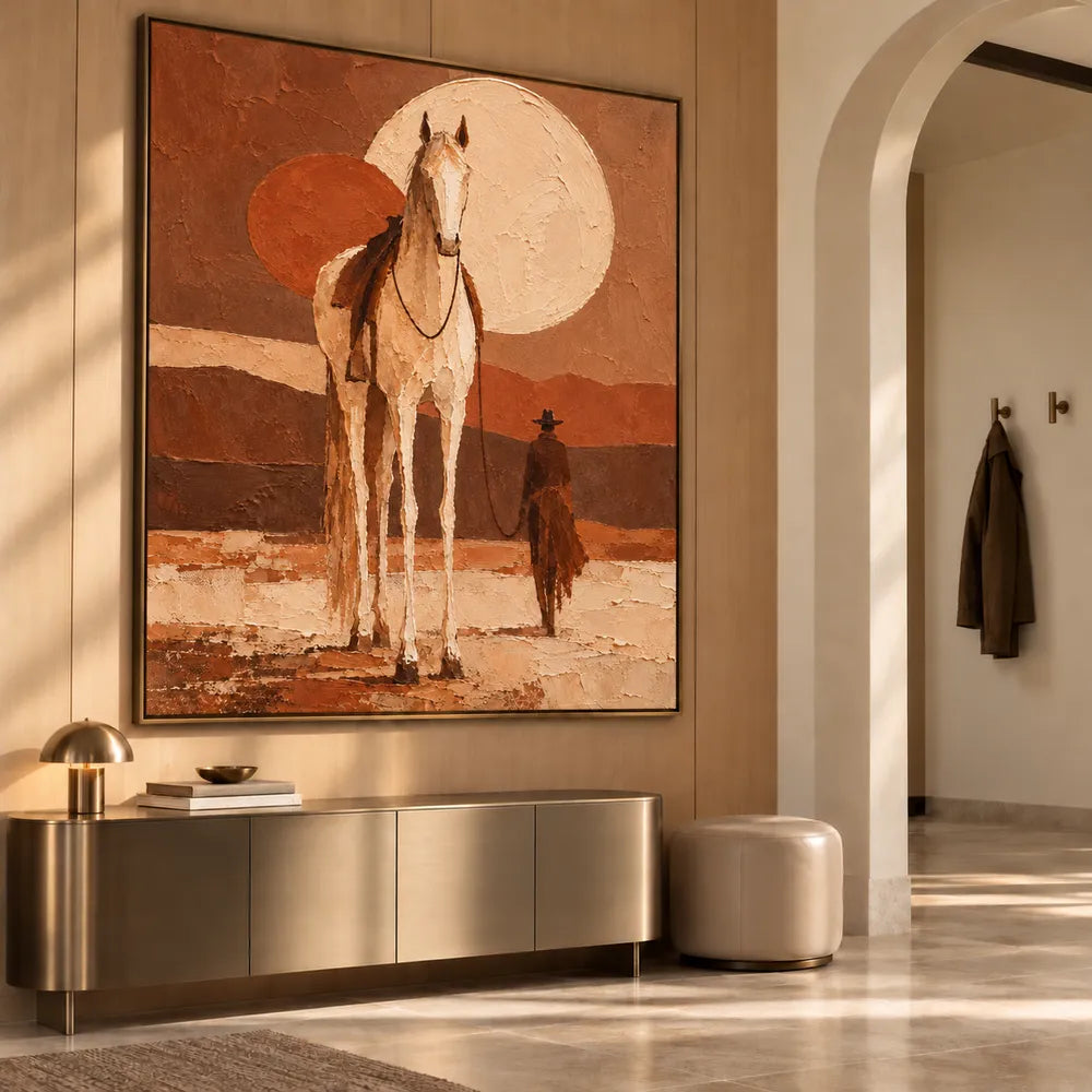 Earth-Tone Hand-Painted Oil Painting, Tall White Horse and Cowboy #SSW3XYPZ