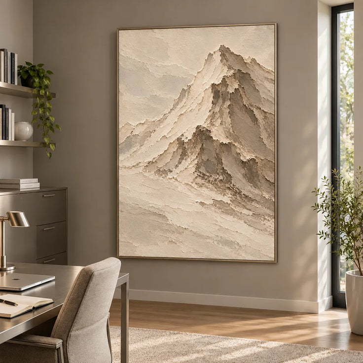 Beige Hand-Painted Mountain Painting, Asymmetric Cream Summit #LEVVY5F3
