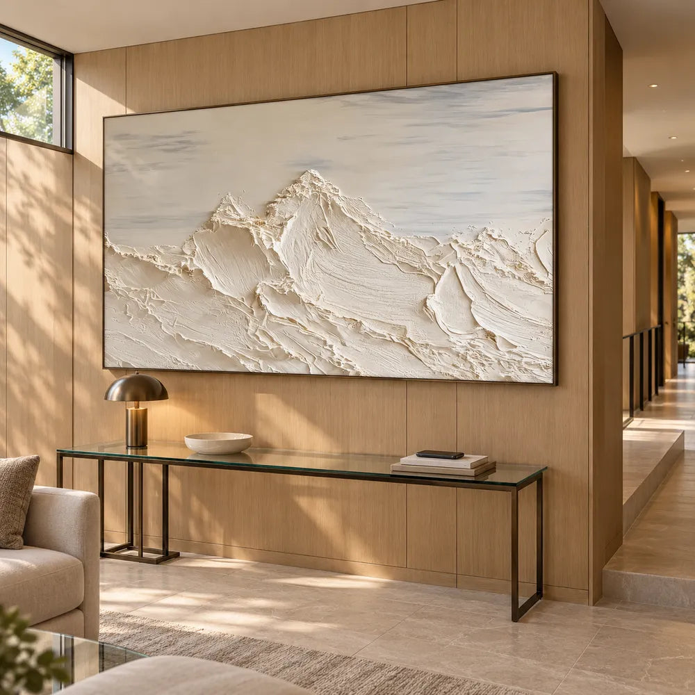 Ivory Hand-Painted 3D Textured Oil Painting, Mountain Peaks Beneath a Soft Gray Sky #0MQBQEM1