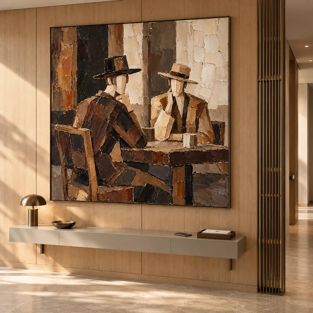 Brown Hand-Painted Oil Painting, Two Hat-Wearing Figures at a Table #0C7HVNB7