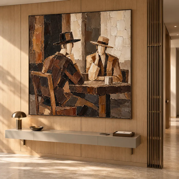 Brown Hand-Painted Oil Painting, Two Hat-Wearing Figures at a Table #0C7HVNB7