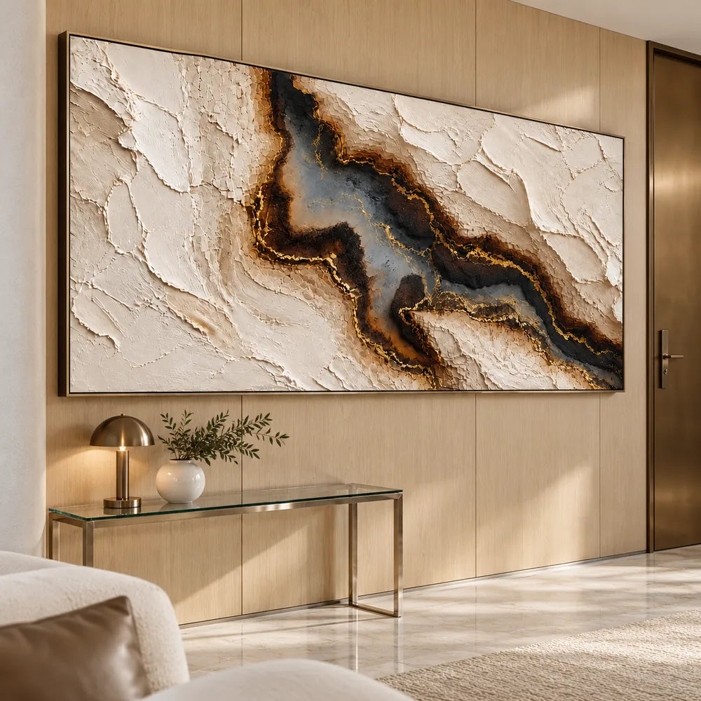 Cream Hand-Painted 3D Textured Oil Painting, Dark Mineral Vein Wall Art #4AKNUHGG