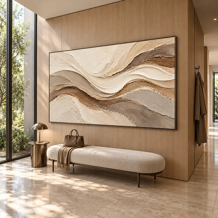 Beige Hand-Painted 3D Textured Oil Painting, Flowing Layered Bands Abstract Wall Art #91IV6MQ0