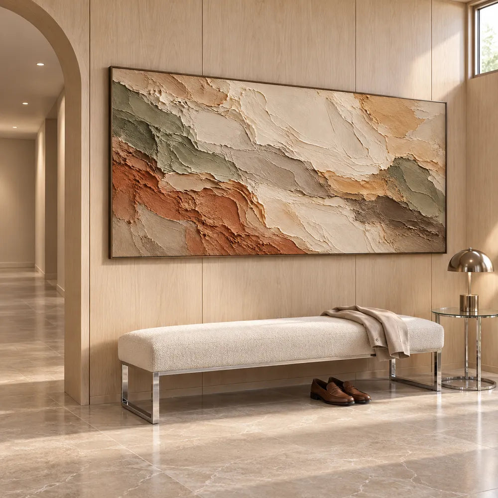 Cream and Terracotta Hand-Painted 3D Textured Oil Painting, Broad Organic Bands #LT43B3PW