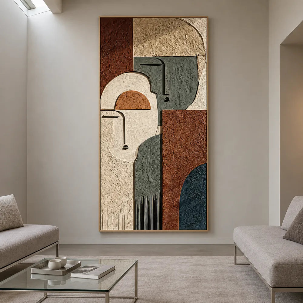 Earth-Tone Hand-Painted 3D Textured Oil Painting, Two Geometric Faces #CIED8WA9